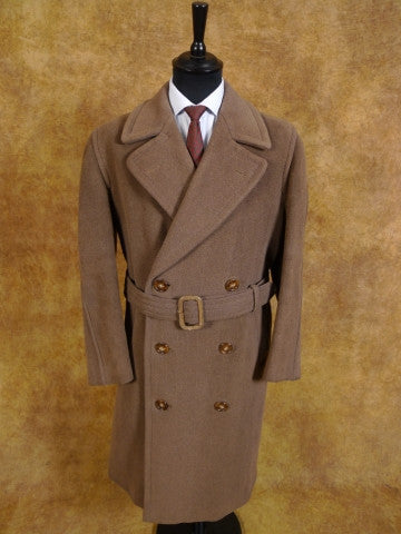 1940s 1950s Vintage Brown Heavyweight Elysian Wool D/B Overcoat w/ Belt 44R