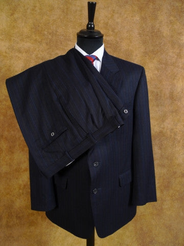 1980s DAKS Jermyn Street Pure New Wool Navy Blue w/ Rope Stripe Suit 42S