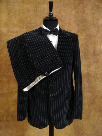 1970s Tailored Black w/ White Pin-Stripe Velvet Suit 38R