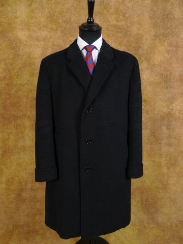 1950s 1960s Chester Barrie Hand Tailored Black Wool Overcoat 44L